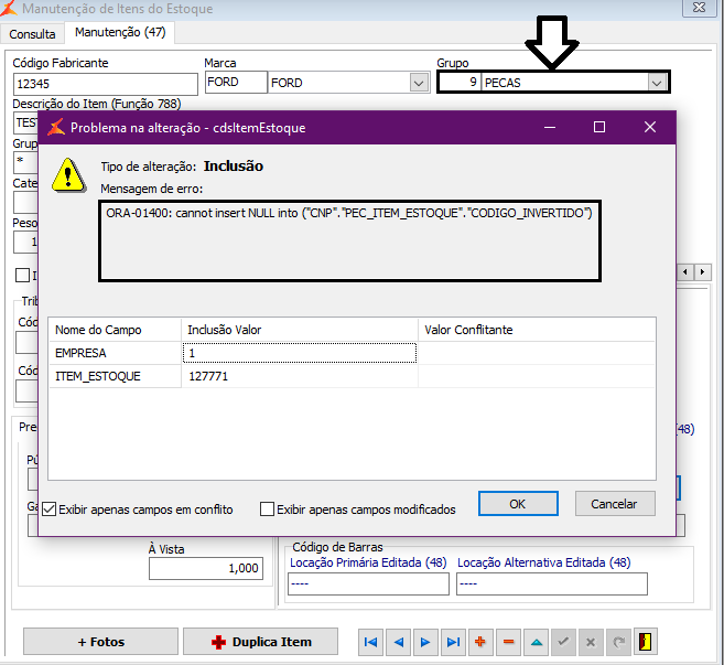 Erro ao cadastrar item ora 01400 cannot insert null into cnp pec