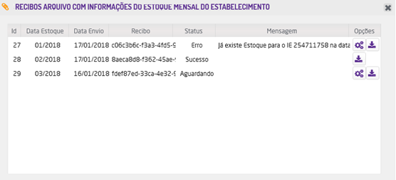 Consulta de Recibos dos Arquivos De Estoque Mensal