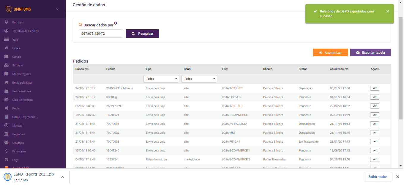Ilustração da ação de Exportar Dados.