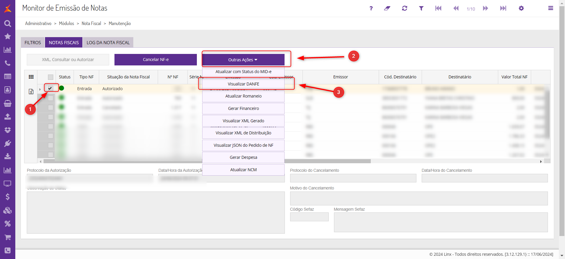 Shopping - Linx UX > Linx OmniPOSe - Atendimento - O PDV não recebeu o status da situação da nota fiscal XX. Entre no módulo administrativo para verificar sua aprovação. > image-2024-6-24_11-42-55.png