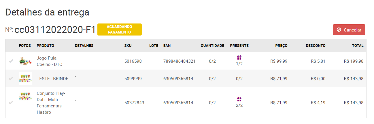 Tela detalhes da entrega - embalagem de presente