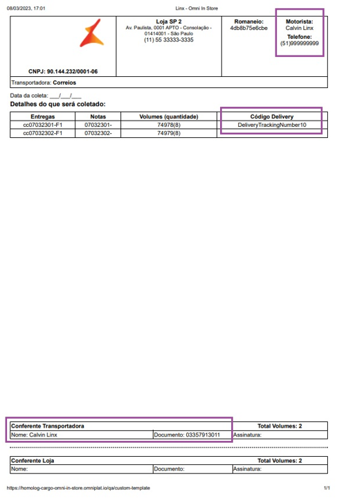 Relatório de romaneio com as informações da de delivery Relatório de romaneio com as informações da de delivery