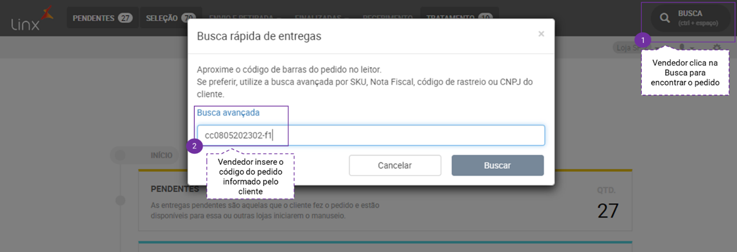 Figura 3 - Busca pelo código do pedido no Instore Figura 3 - Busca pelo código do pedido no Instore