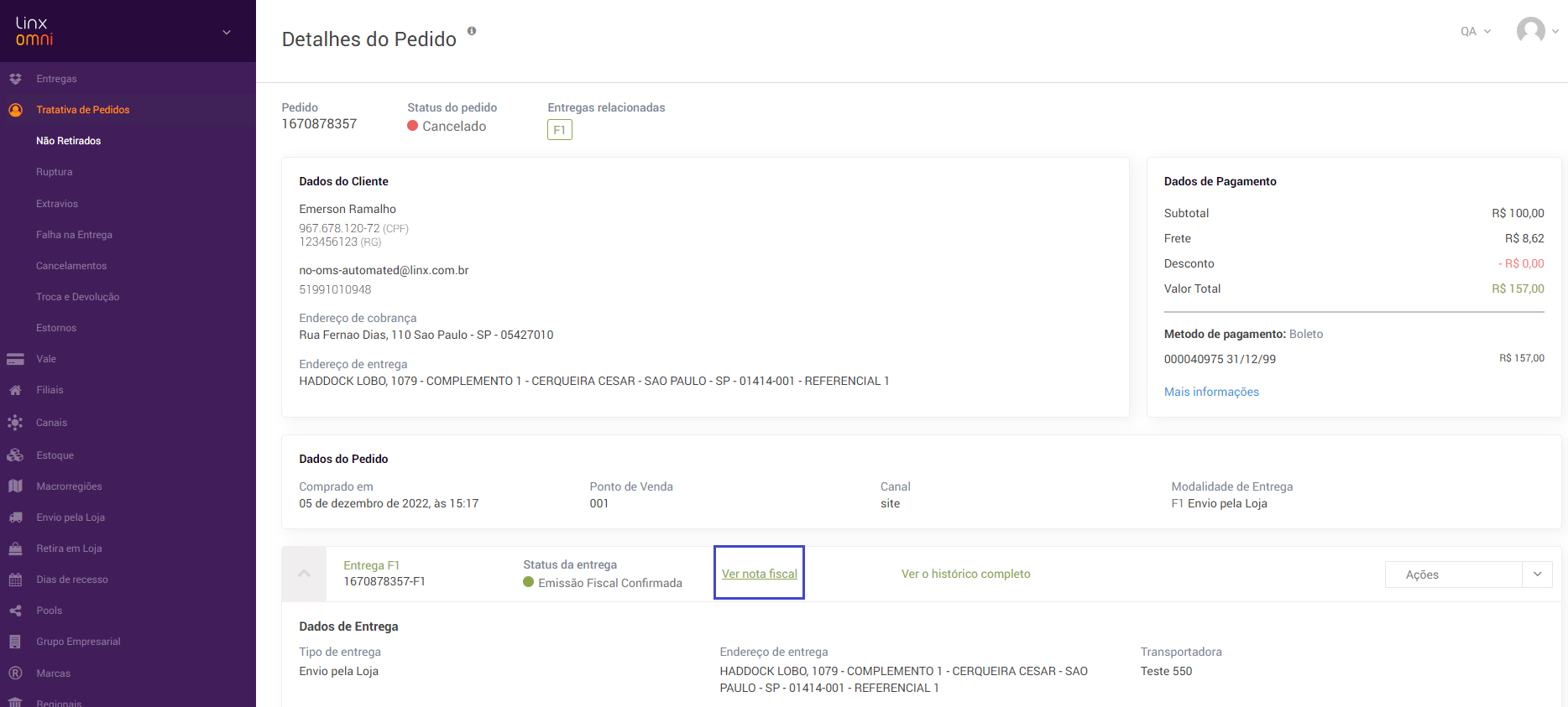 Tela Detalhes do Pedido - Ver Nota Fiscal Tela Detalhes do Pedido - Ver Nota Fiscal