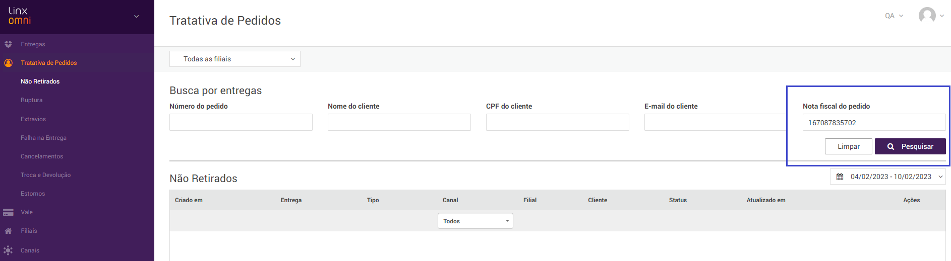 Tela de busca por nota fiscal do pedido Tela de busca por nota fiscal do pedido
